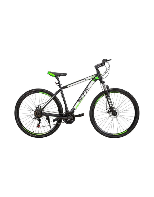 RTR 27.5-inch mountain bike in black with green accents, full side view with front suspension and disc brakes
